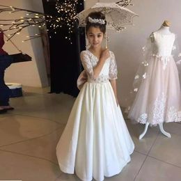 White/Ivory Lace Applique Kids TUTU Flower Girl Dresses Half Sleeve Party Prom Princess Gown Bridesmaid Wedding Formal Occasion Dress