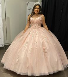 Pink Lace Sheer Neck Quinceanera Prom Dresses Cheap Beaded Sexy Ball Gown Evening Party Sweet 16 Dress ZJ172