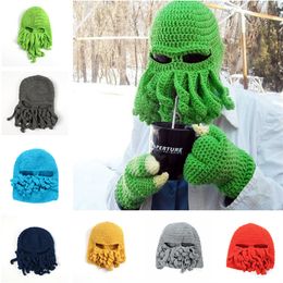 Unisex Hand Woven Octopus Wool Hats Autumn Winter Men Women Crochet Hat Sports Skating Casquette Funny Outdoors Warm Halloween Mask 11 Color