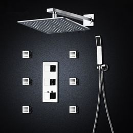 Thermostatic Bath Room Shower Faucets 10" Mixing-valve Wall-mounted Shower Head 6 Massage Jets Spa Body Spray Shower Set