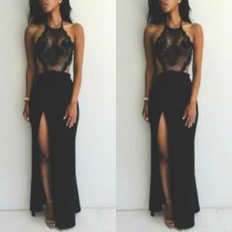 Sexy Black Split Lace Evening Dresses Long Halter Neck Cheap Formal Party Gowns Floor Length Custom Special Occasion Prom Dress