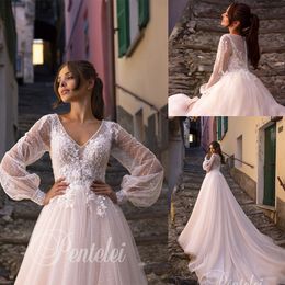 Newest A Line Bohemian Pentelei Wedding Dresses V Neck Long Sleeve Applique Pearls Wedding Gowns Sweep Train robe de mariée