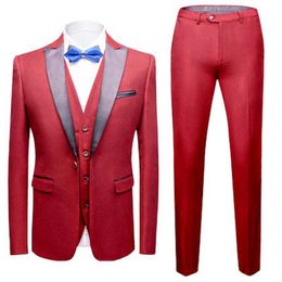 New Arrival Groomsmen Red Groom Tuxedos Peak Black Lapel Men Suits Wedding Best Man Bridegroom (Jacket + Pants + Vest + Bow Tie) L223