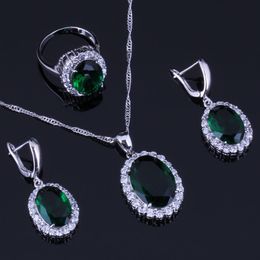 Charmante ovale Ei grün Zirkonia Weiß CZ 925 Sterling Silber Schmuck Sets für Frauen Ohrringe Anhänger Kettenring V0285