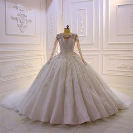 luxury long sleeve crystal wedding dresses beaded lace appliqued bridal gowns vintage ball gown plus size robes de soiree