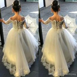 Ball Gown Flower Girls Dresses Long Sleeves Sweep Train Illusion Bodice Birthday Party Girls Pageant Gowns With Bow Customized