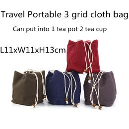Square Thicken 3 Grids Storage Bags Travel Portable Linen Drawstring Jewellery Pouch Bag Small Tea Pot 2 Cup Cloth Pouch