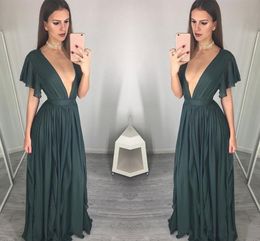 Modest Charme Sexy Prom Vestido Chiffon Long Evening Dress Special Ocasião Vestidos Profundo Decote Em V A-Line Short Sleeve Club Wear Maid Of Honor