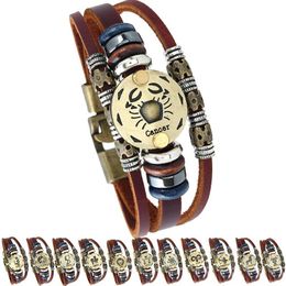 12 Zodiac Sign Horoscope Men's Leather Bracelet Vintage Retro Charm Wristband For women Fashion Jewellery Gifts