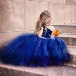 Puffy Royal Blue Flower Girls Sukienki Tiulle One ramię dzieci nastolatki