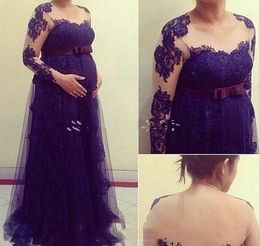 Sheer Long Sleeves Evening Dresses Appliqued Tulle Maternity Women Holiday Wear Formal Party Prom Gowns Plus Size