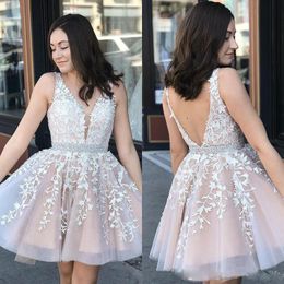 2020 Modest V Neck Backless Sleeveless A Line Evening Dresses Crystal Lace Applique Crystal Tulle Formal Dresses Knee Length Party Gown