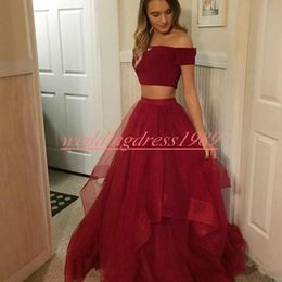 Perfect Two Pieces Prom Dresses African Tulle Off Shoulder Tiered Evening Dress Robe De Soiree Formal Gowns Juniors Long Sexy Party