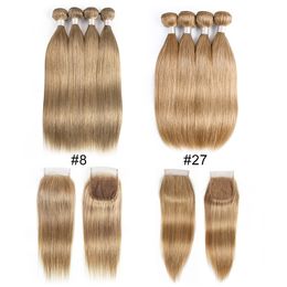 Ash Blonde Color #8 #27 Malaysian Indian Straight Human Hair Bundles With Closure 4 Bundles With 4x4 Lace Closure Remy Human Hair Extensions