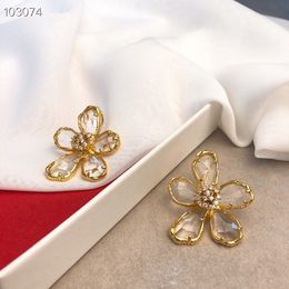 Fashion- Vintage Classic Brand Designer Copper Gold Full Crystal Five Leaf Clover Flower Shinning Big Stud Earrings For Women Jewelry