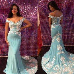 Light Blue 2020 Mermaid Prom Dresses White Lace Applique Off The Shoulder Straps Ribbon Sweep Train Custom Made Evening Gowns Plus Size