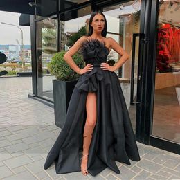 Fashion High Split Evening Dresses 2020 Strapless Feather Draped Black Satin Prom Dress Custom Made Formal Party Gowns