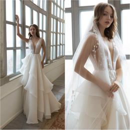 2020 Sexy Doria Karlozi vestidos de noiva V Neck Lace Chiffon Abiti Da Sposa comprimento Pavimento Uma linha Beading vestido de noiva