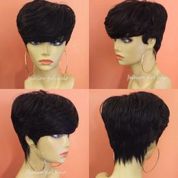 Brazilian Pixie Cut Human Hair Wig With Bang Short Bob Straight None lace front Wigs For Black Women