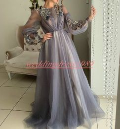Elegant Applique Illusion Sheer Tulle Evening Dresses Long Puffy Sleeve Pageant Gown Plus Size Prom Dresses Robe De Soiree Formal Party