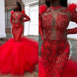 Red Sequined Black Girl Mermaid Prom Dresses With Feather Long Sleeves Formal Arabic Evening Gowns Cocktail Party Dresses