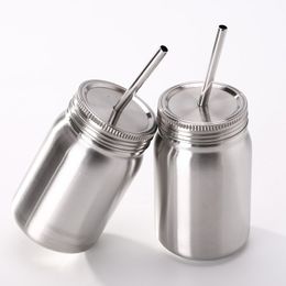 500ml Double Stainless Steel Mason Jar Mason Cup with Lid Straw Coffee Beer Juice Cup WB1058