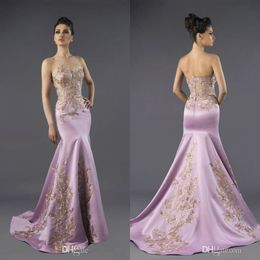 Tony Chaaya 2019 Mermaid Evening Dresses Vintage Lace Appliqued Sweetheart Satin Prom Gowns Sweep Train Light Purple Formal Party Dress