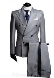 Light Grey Groom Tuxedos Double-Breasted Men Wedding Tuxedos Peak Lapel Jacket Blazer Fashion Men Dinner/Darty Suit(Jacket+Pants+Tie) 1118