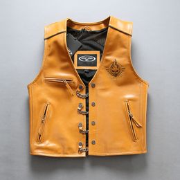 Angle Men's Genuine Leather Motorcycle Vest Yellow Back 3D Skull Punk Thick Cowhide Vest Bomber Sleeveless Jacket