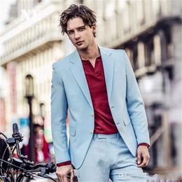 Popular Two Buttons Light Blue Groom Tuxedos Notch Lapel Groomsmen Mens Suits Wedding/Prom/Dinner Blazer (Jacket+Pants+Tie) K319