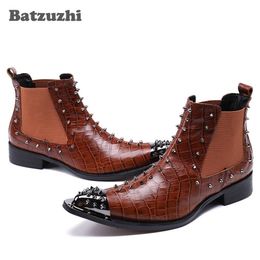 2019 New Western Cowboy Boots Man Metal Pointed Toe Leather Boots Brown Rock Motocycle Boots Men Nightclub Party men shoes, 38-46