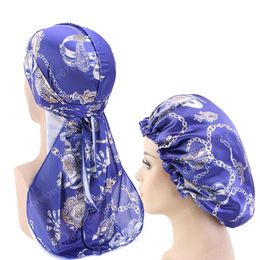 Conjunto de 2 peças com estampa personalizada de cetim durag Match Bonnet de seda para mulheres Bandanas de seda para homens Long Tail Durags Wave Cap Touca de dormir
