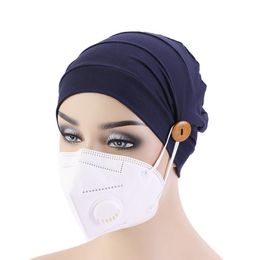 Chemo Hat Soft Cotton Loss Cancer Hat with Button for Wearing Mask Ear Protection Hat Turban Women Sleep Cap Ladies Headwear