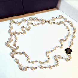 Wholesale-version classic style elegant camellia flower crystals pearl chain long double layer sweater statement necklace woman