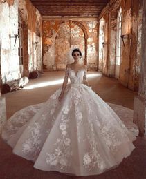 Luxury Arabic Wedding Dresses 2020 Ball Gown Sheer Neck Sweep Train 3D Floral Appliqued Bead Garden Long Sleeves Bridal Gown Robe de mariee