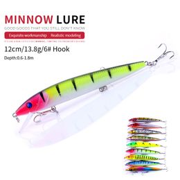 Newup 9PCS Minnow Fishing Lure Hard Artificial Bait 3D Eyes 12cm 13.8g Fishing Wobblers Bell diving 0.6m-1.8m Crankbait Minnows