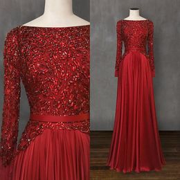 Elegante rote Abendkleider 2022 Formelle Kleidung Abendgarderobe Perlen Kristall Lange Ärmel Abschlussball-Party-Kleider Robe de Soiree