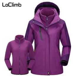 LoClimb Women's Winter 3 In 1 Windbreaker Outdoor Hiking Jacket Women Waterproof Coat Camping Trekking Ski Fleece Jackets AW203