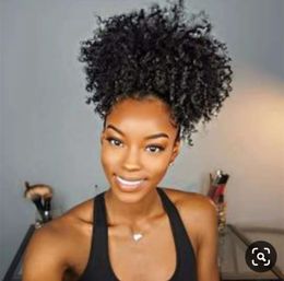 4C Black Puff Afro Curly Ponytail Drawstring Short Afro Kinky Curly Pony Tail Clip in on Brazilian Curly Hair Bun human hair 140g