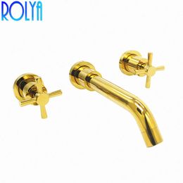 Golden Basin Faucet Solid Brass Construction Dual Handles Wall Mounting Bathroom Sink Faucet Mixer Set
