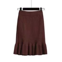 Wholesale-Women Skirt Knitted High Waist Pleated Lady Skirts Solid Elastic Mermaid Knitting Ribbed Autumn Winter Female Bottoms Two Types