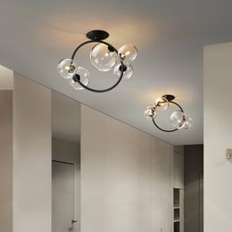 Simple Black LED Chandelier Ceiling Clear Glass Ball Modern Nordic Round Hanging Lights For Bedroom Aisle Corridor Balcony Home