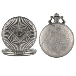 Big G masonry Masonic Pattern Pocket Watch Antique Vintage Silver Grey Quartz Clock Pendant Necklace Chain Gifts240v