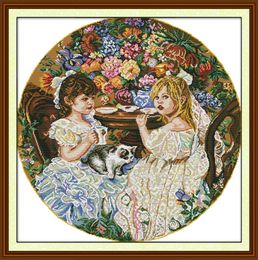Two little girls home cross stitch kit ,Handmade Cross Stitch Embroidery Needlework kits counted print on canvas DMC 14CT /11CT