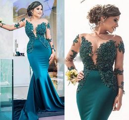 Hunter Mermaid Evening Dresses Sheer Neck Long Sleeve Illusion Applique Beads Sweep Train Long Formal Prom Party Gowns robes de soirée