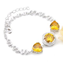 Luckyshine 925 Sterling Silver Adjustable Bracelets For Women Round Citrine Retro Dazzling Cz Heart-shaped Bracelets 8" NEW