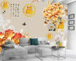 Wall Papers Home Decor Fu Character Luxury Noble Golden Peony Custom Beautiful Romantic Silk Mural Wallpaper