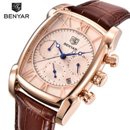 Benyar luxo verdadeiro relógio de quartzo de seis pinos caixa retangular clássico relógios esportivos cronógrafo masculino ouro rosa erkek kol saati
