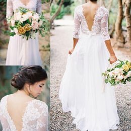 Bohemian Wedding Dress Lace Applique V-neck 3/4 Long Sleeves Low Back A-line Summer Garden Bridal Gowns Plus Size Cheap