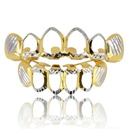 18K Gold Vampire Fang fake gold teeth grillz - Top and Bottom Dental Hollow Open Face Grills for Body Jewelry and Parties